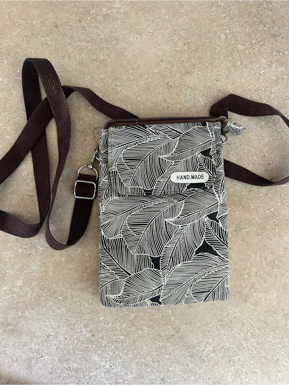 Handmade Brown & White Leaf-Print Crossbody Bag